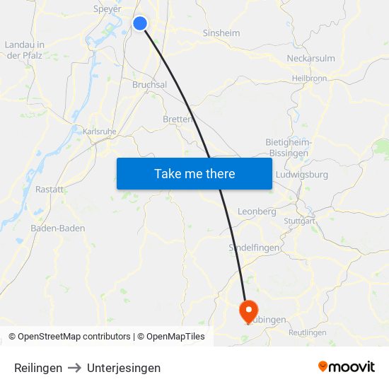 Reilingen to Unterjesingen map
