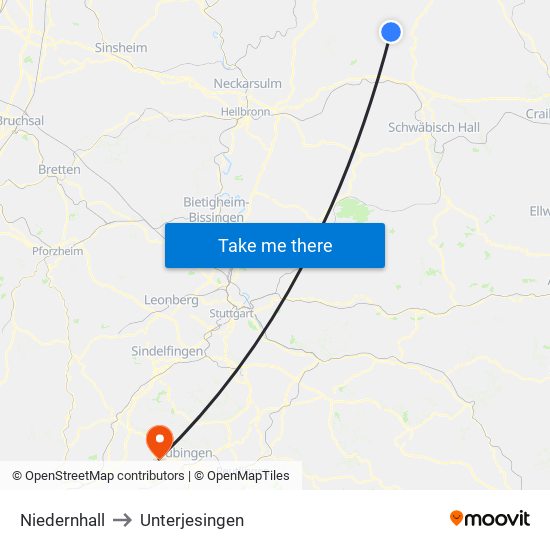 Niedernhall to Unterjesingen map