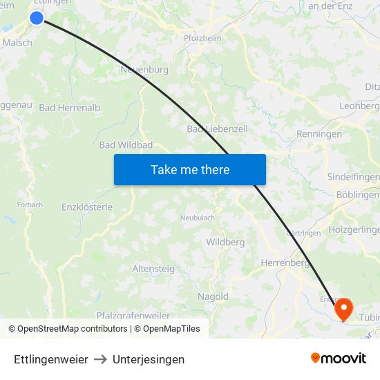 Ettlingenweier to Unterjesingen map