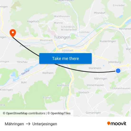 Mähringen to Unterjesingen map