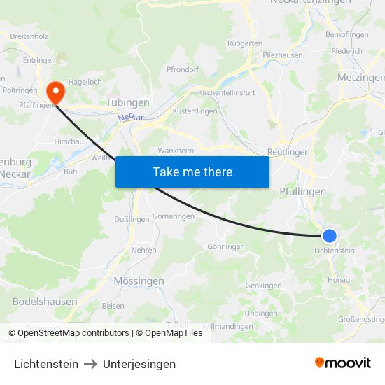 Lichtenstein to Unterjesingen map