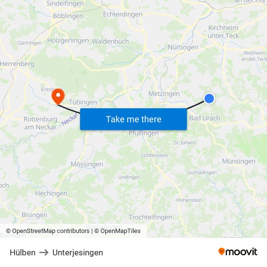 Hülben to Unterjesingen map