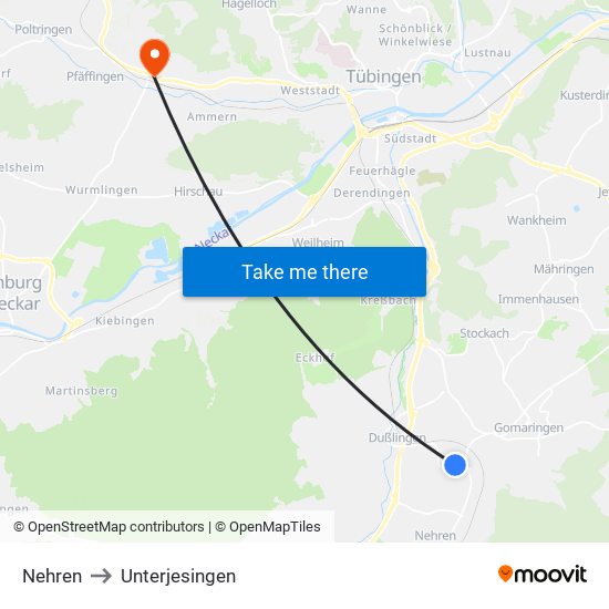 Nehren to Unterjesingen map