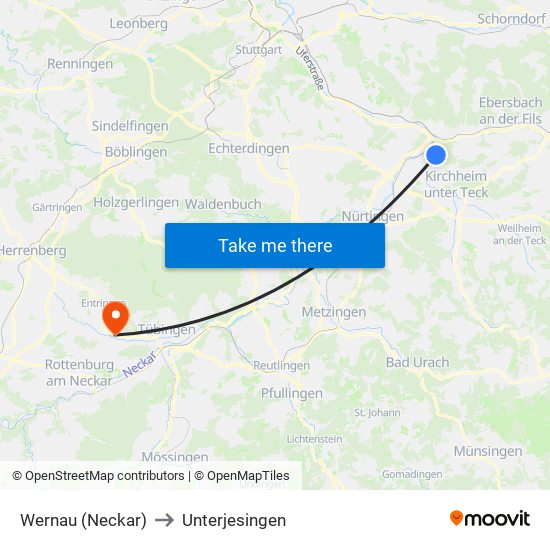 Wernau (Neckar) to Unterjesingen map