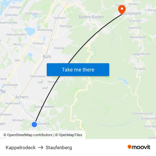 Kappelrodeck to Staufenberg map