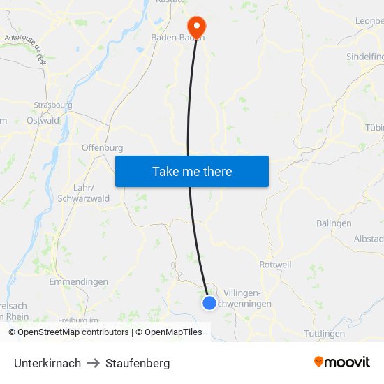 Unterkirnach to Staufenberg map