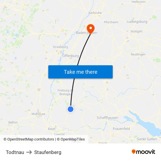 Todtnau to Staufenberg map