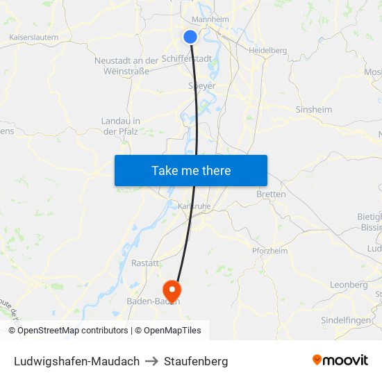 Ludwigshafen-Maudach to Staufenberg map