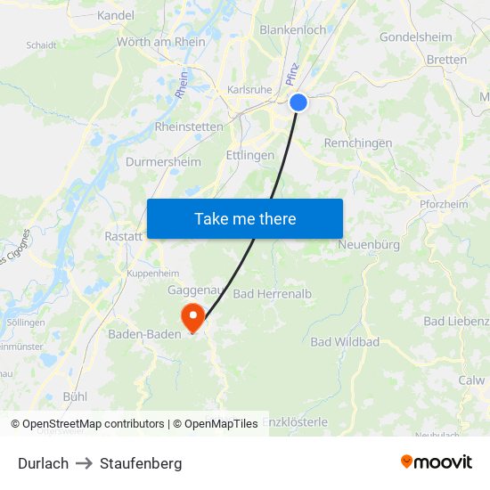 Durlach to Staufenberg map