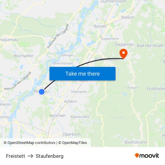 Freistett to Staufenberg map
