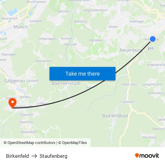 Birkenfeld to Staufenberg map