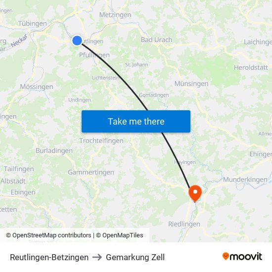 Reutlingen-Betzingen to Gemarkung Zell map