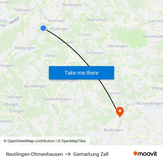Reutlingen-Ohmenhausen to Gemarkung Zell map