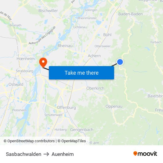 Sasbachwalden to Auenheim map