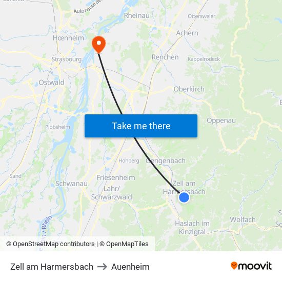 Zell am Harmersbach to Auenheim map