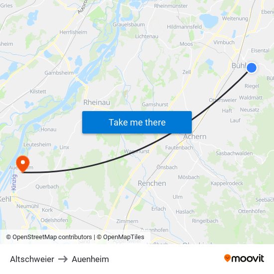 Altschweier to Auenheim map