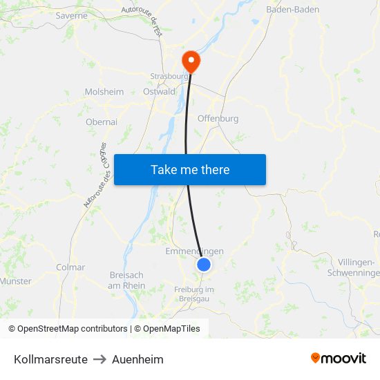 Kollmarsreute to Auenheim map