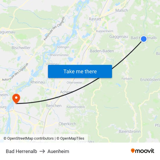 Bad Herrenalb to Auenheim map
