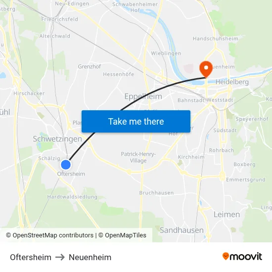 Oftersheim to Neuenheim map