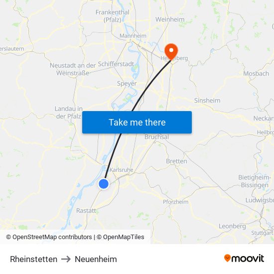 Rheinstetten to Neuenheim map