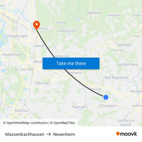 Massenbachhausen to Neuenheim map