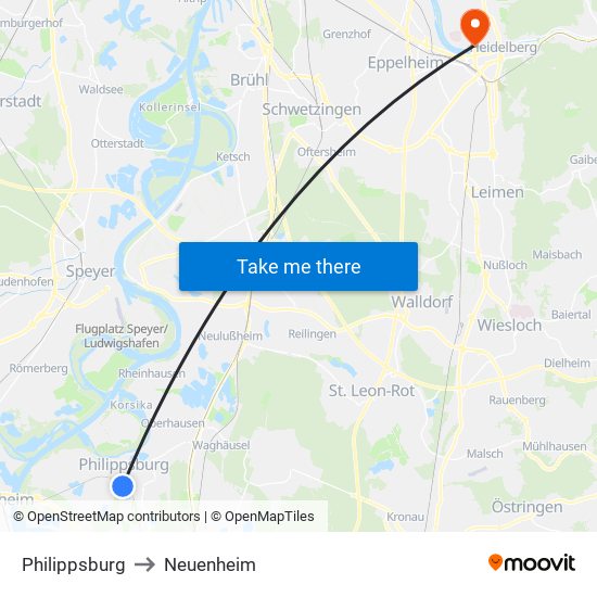 Philippsburg to Neuenheim map