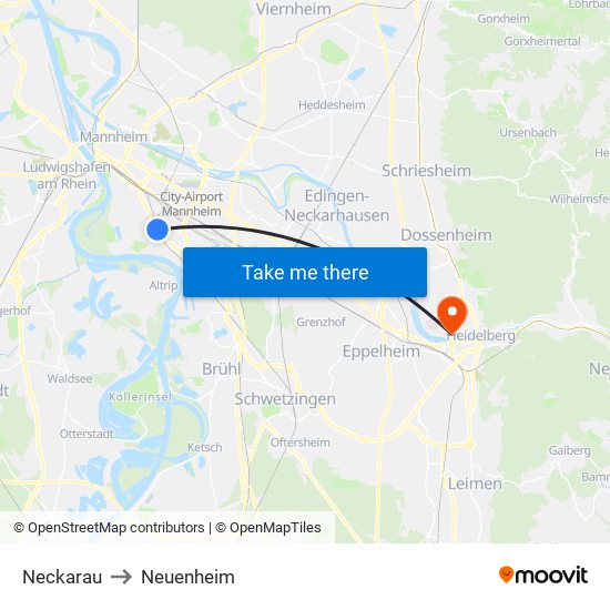 Neckarau to Neuenheim map