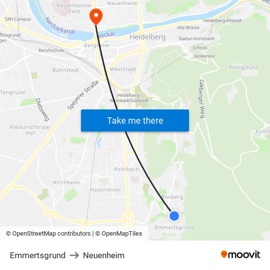 Emmertsgrund to Neuenheim map