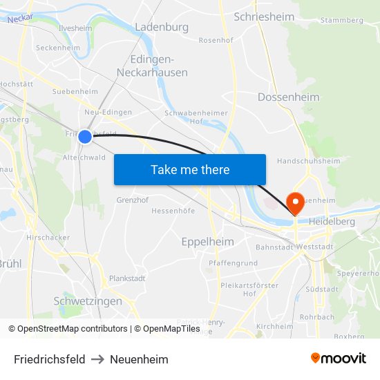 Friedrichsfeld to Neuenheim map