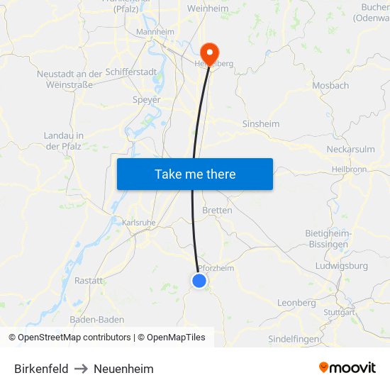 Birkenfeld to Neuenheim map
