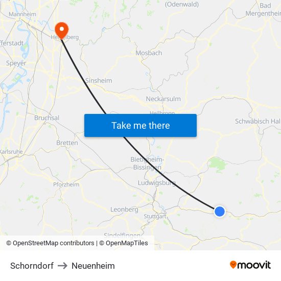 Schorndorf to Neuenheim map