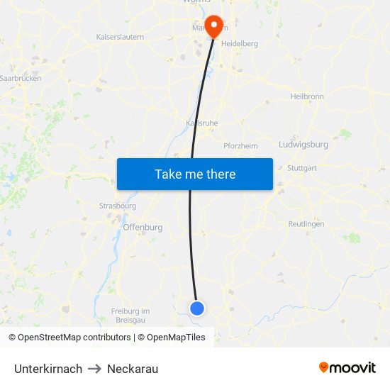 Unterkirnach to Neckarau map