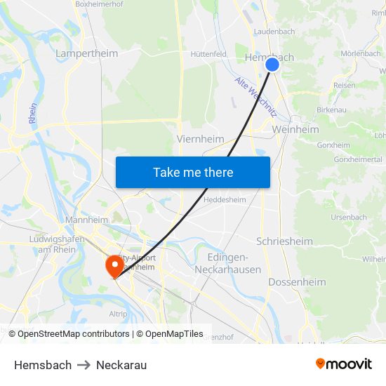 Hemsbach to Neckarau map