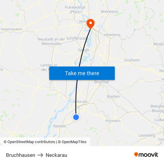 Bruchhausen to Neckarau map