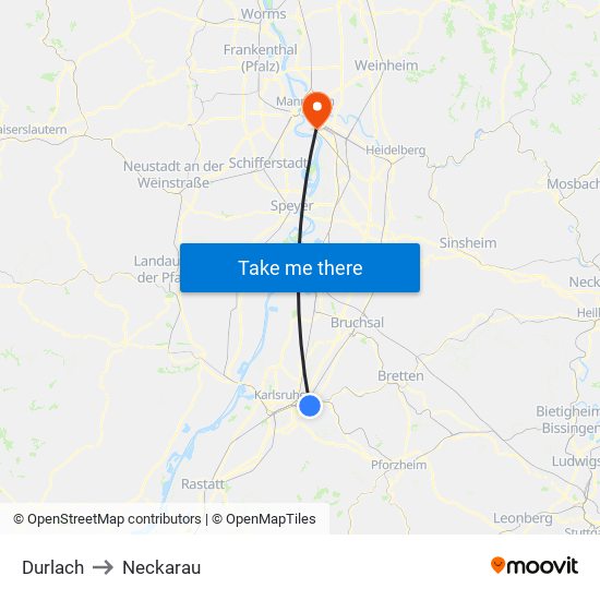 Durlach to Neckarau map