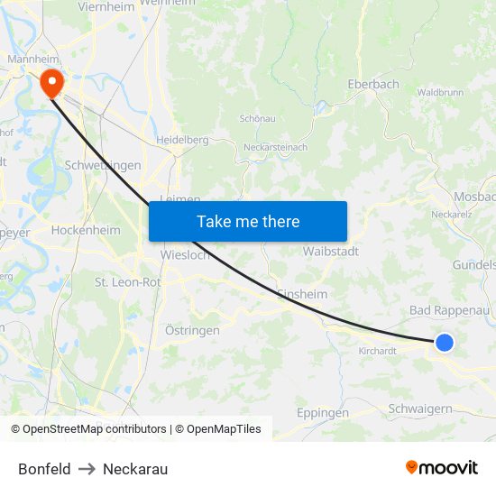 Bonfeld to Neckarau map