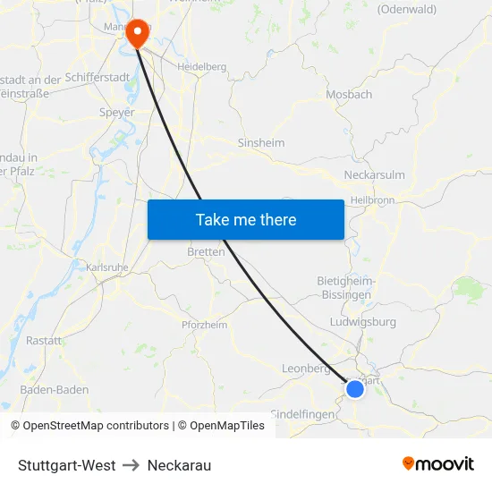 Stuttgart-West to Neckarau map