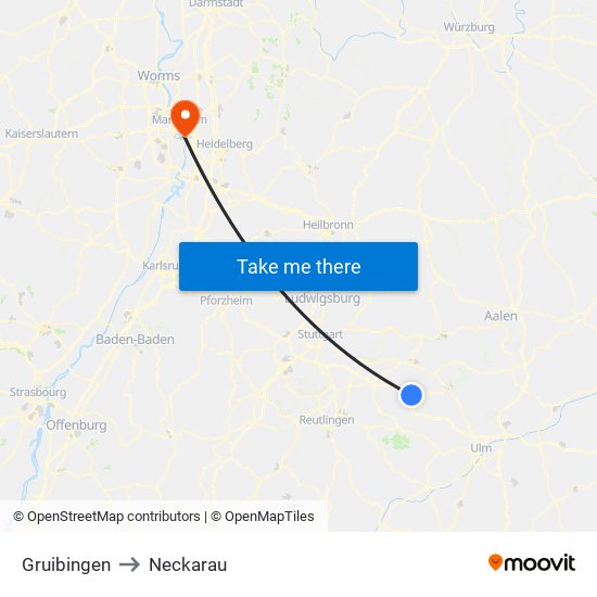 Gruibingen to Neckarau map