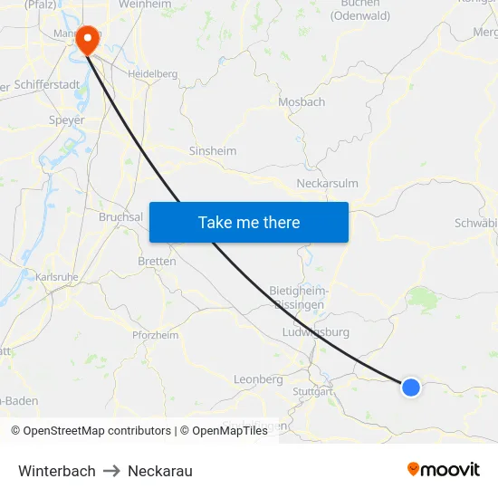Winterbach to Neckarau map