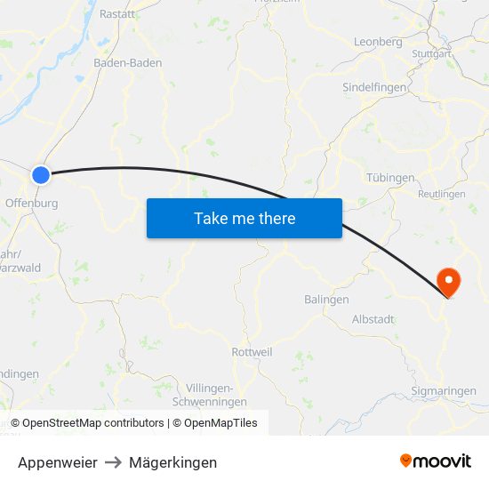 Appenweier to Mägerkingen map