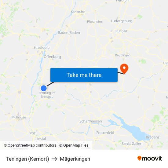 Teningen (Kernort) to Mägerkingen map