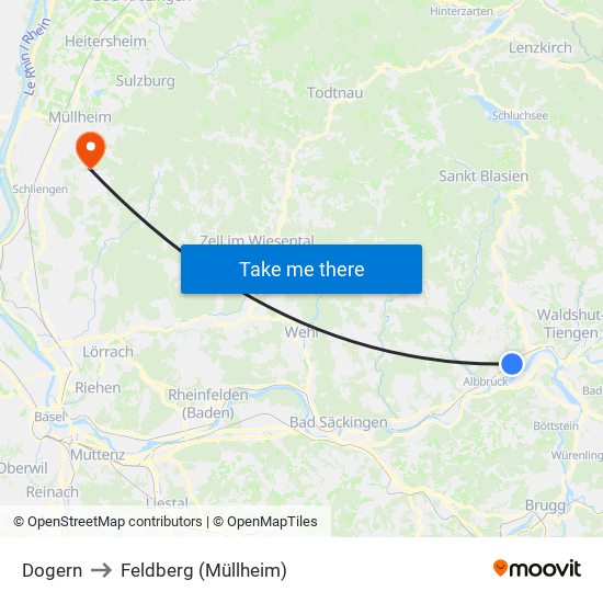 Dogern to Feldberg (Müllheim) map