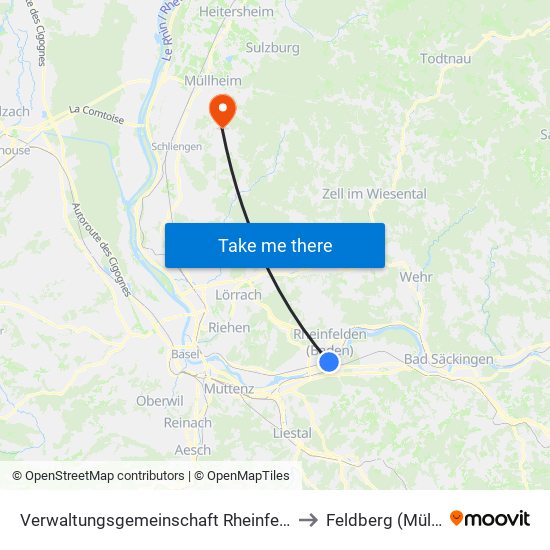 Verwaltungsgemeinschaft Rheinfelden (Baden) to Feldberg (Müllheim) map