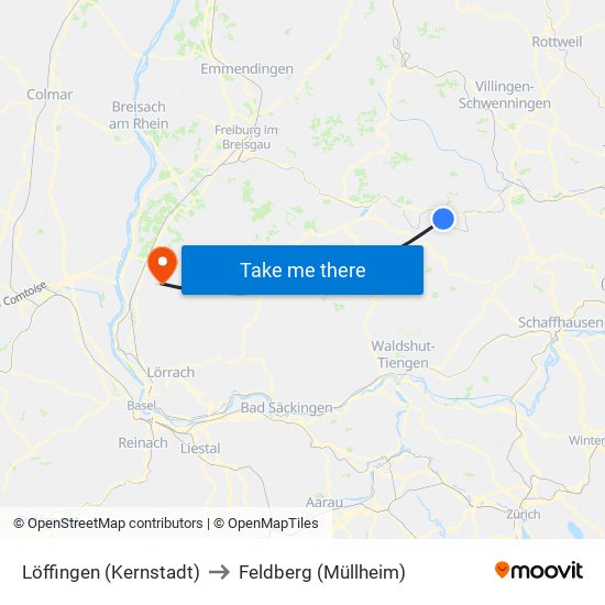 Löffingen (Kernstadt) to Feldberg (Müllheim) map