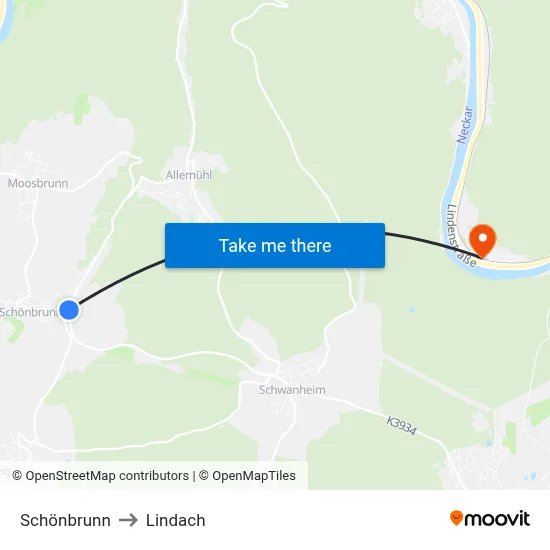 Schönbrunn to Lindach map