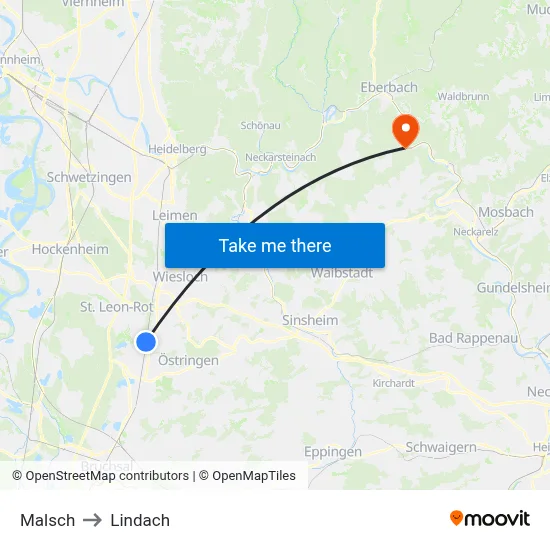 Malsch to Lindach map