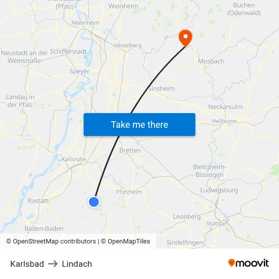 Karlsbad to Lindach map