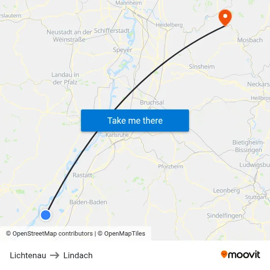 Lichtenau to Lindach map