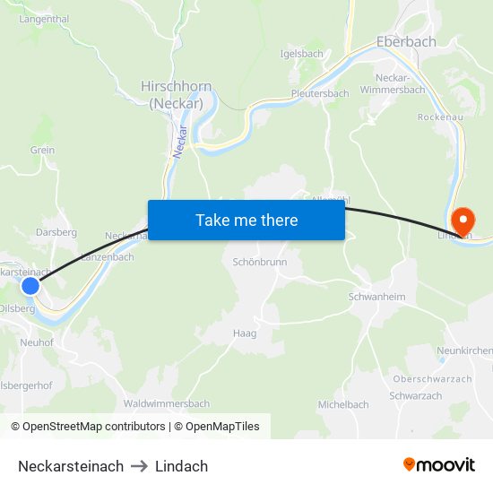 Neckarsteinach to Lindach map