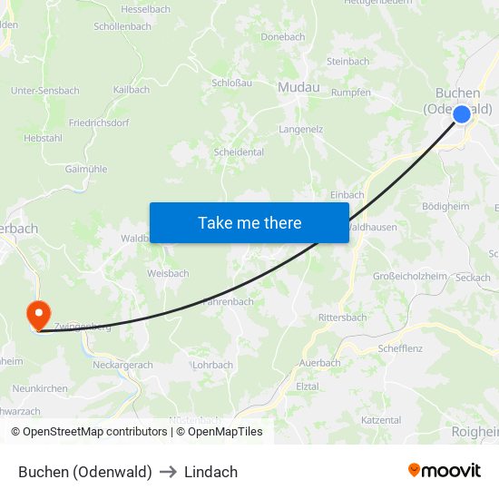 Buchen (Odenwald) to Lindach map
